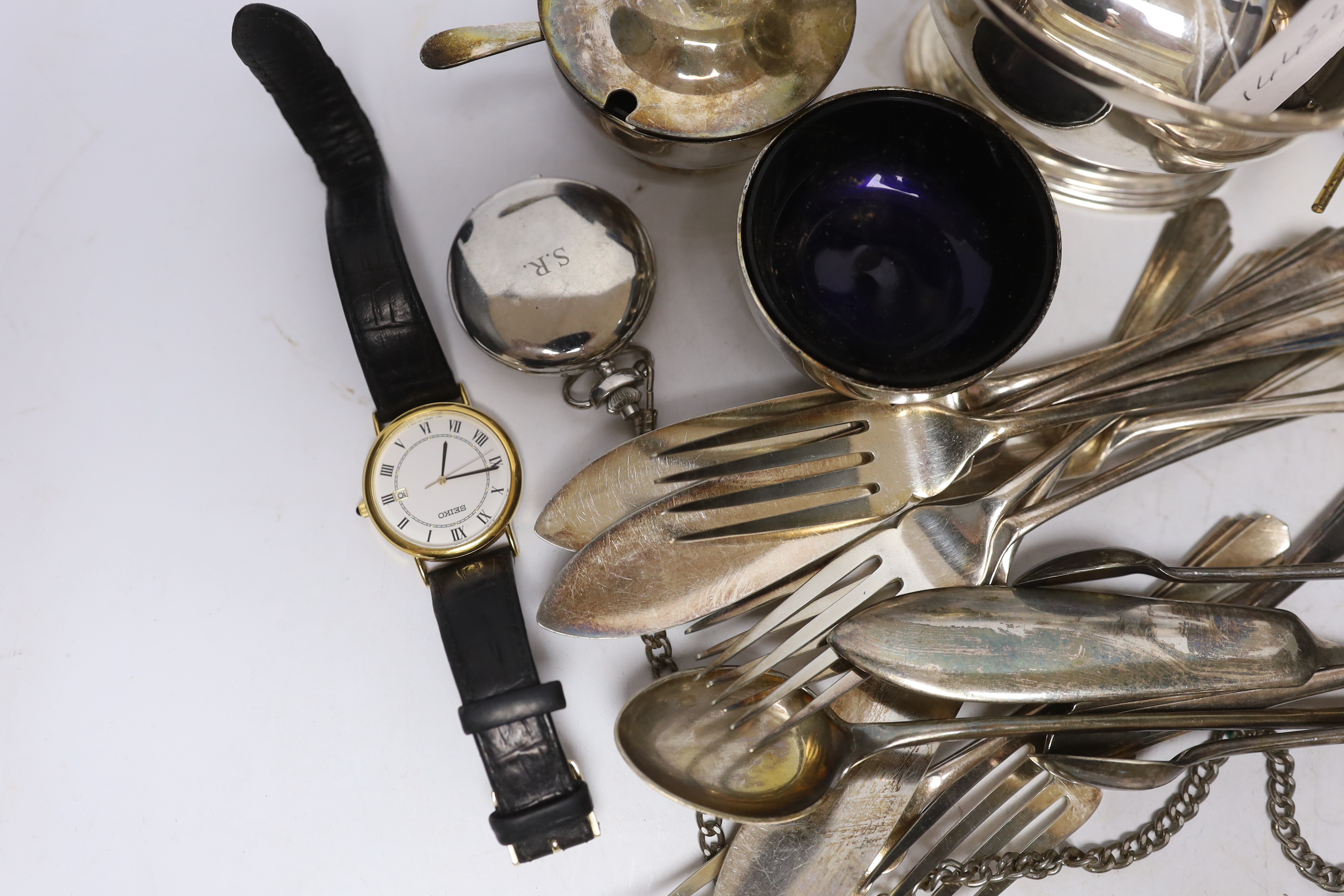 Sundry items including a silver open face chronometer pocket watch, a steel Roamer wrist watch, a Seiko wrist watch, one other pocket watch and assorted plated wares.